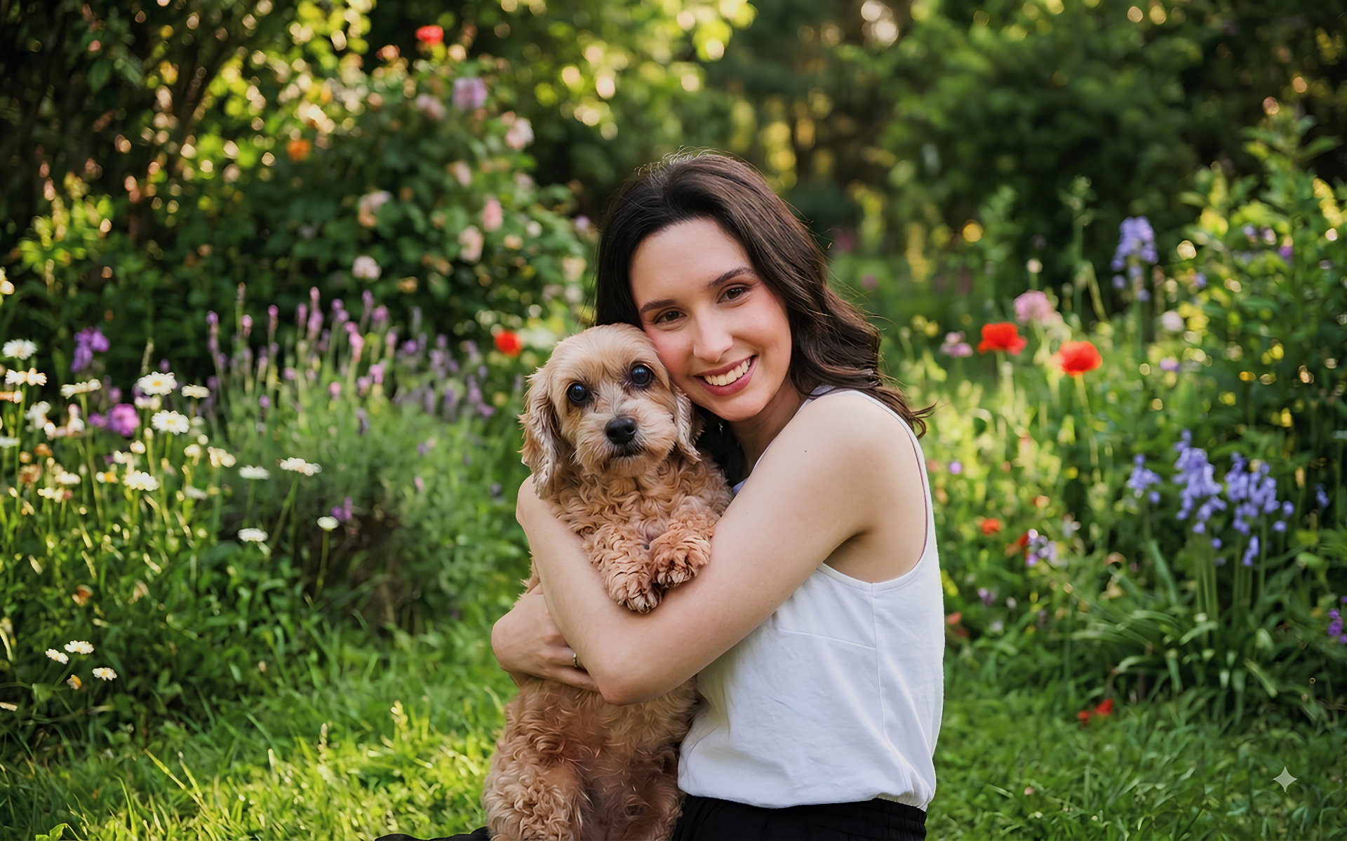 catarina, médica veterinária e pet sitter, acariciando um cão em casa
